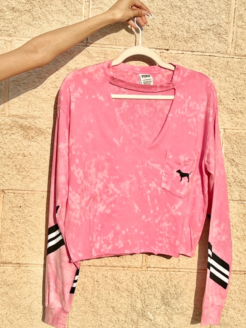 PINK Victoria’s Secret Cropped Long Sleeve Top XS | Pink Vintage Wash Raw Hem